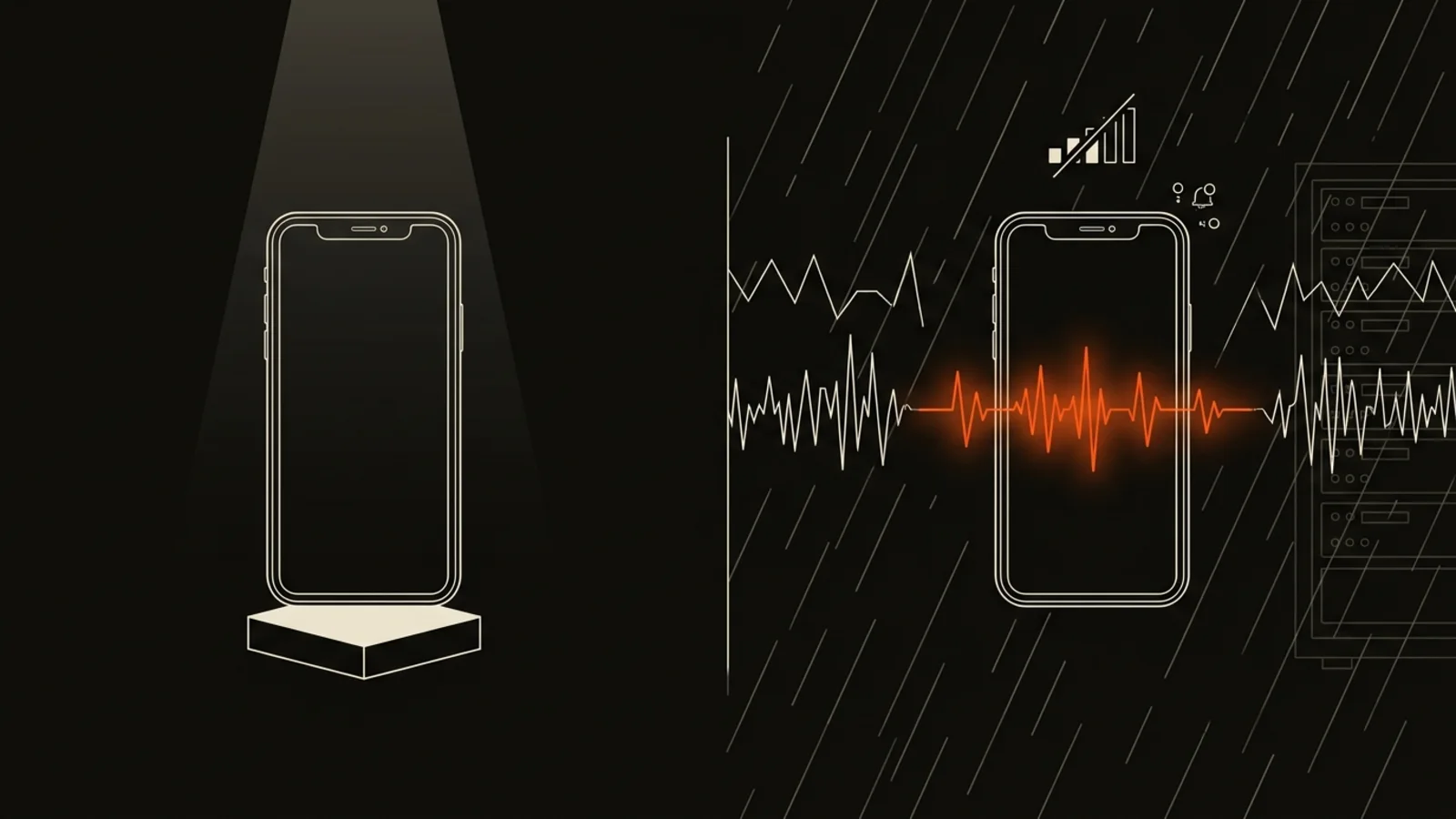 Diagram: a phone under a spotlight on a pedestal, beside the same phone in rain, noise and weak signal, still showing a live orange voice waveform.